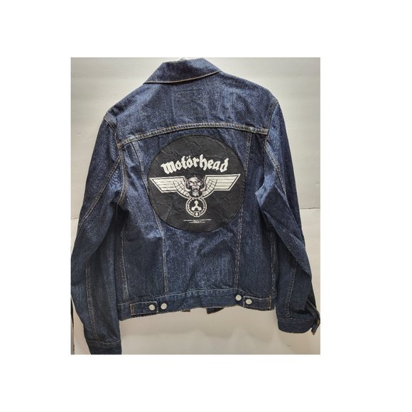 Levis Mens Jean Jacket Dark Blue Medium with Motorhead Patch Sewn on Back - Picture 6 of 7
